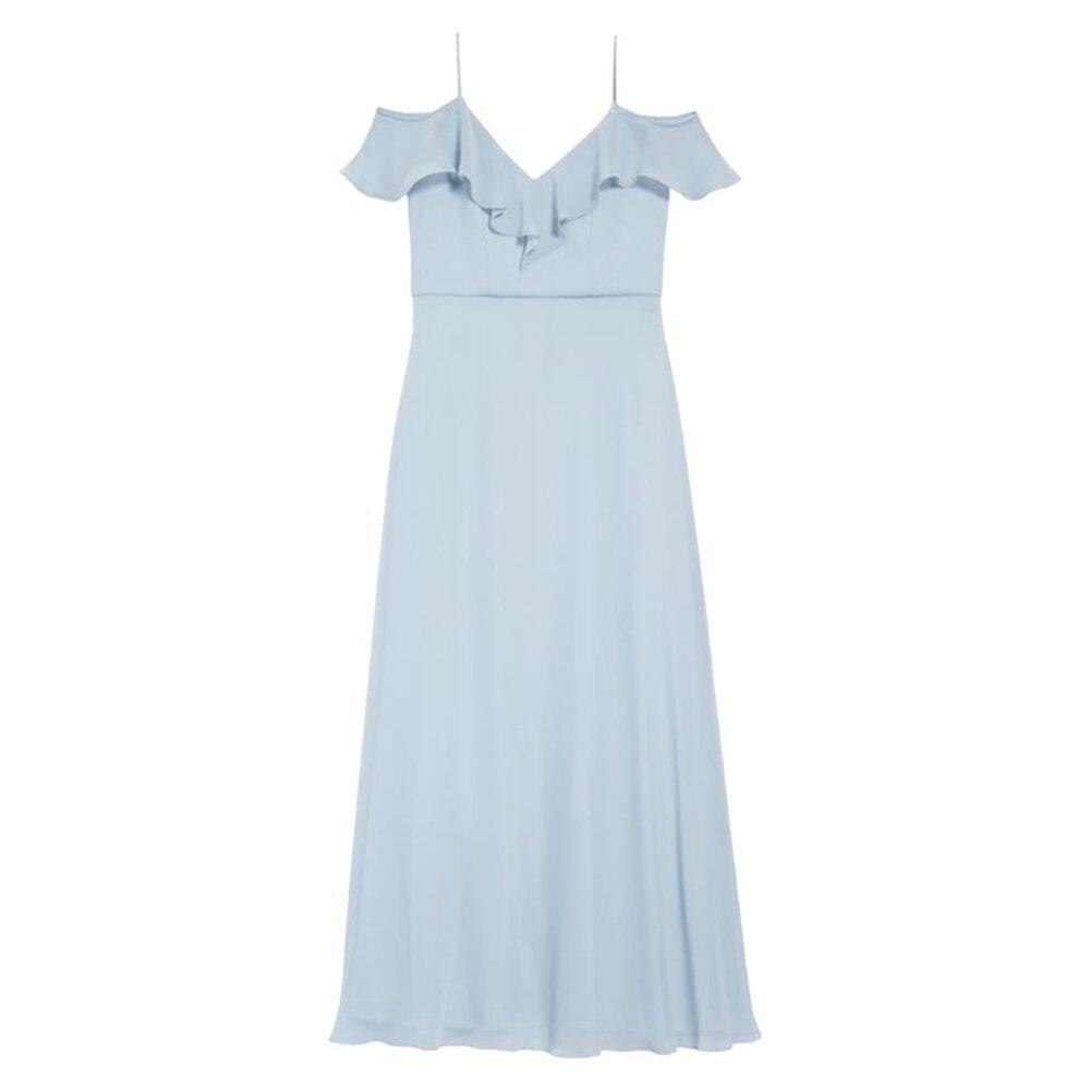 Dessy Collection Blue Mist Cold Shoulder Chiffon Dress Size 6 $206 MSRP